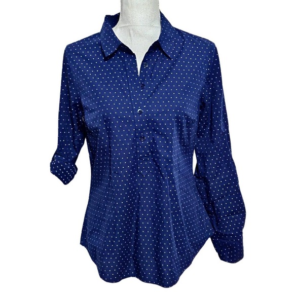 Vineyard Vines Popover Top Sz 6 Blue White Polka Dot Roll Tab‎ Sleeve - Picture 1 of 13